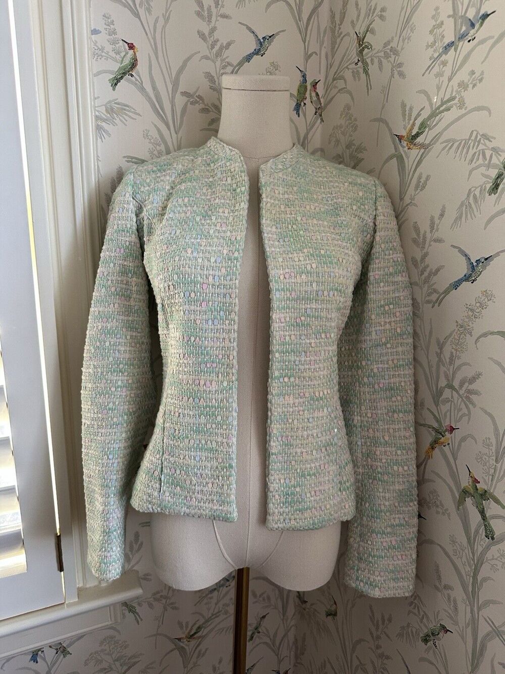 Bernard Zins Paris Tweed Blazer Women’s 4 Green Yellow Jacket Cropped